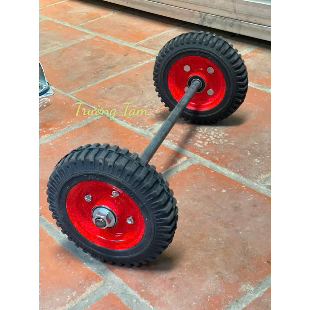 Combo bộ 2 bánh xe đẩy bánh 200mm đỏ cao su đặc, kèm trục 18 đầu tiện 17, kèm ốc + vòng đệm. Kích thước trục tính phủ bì