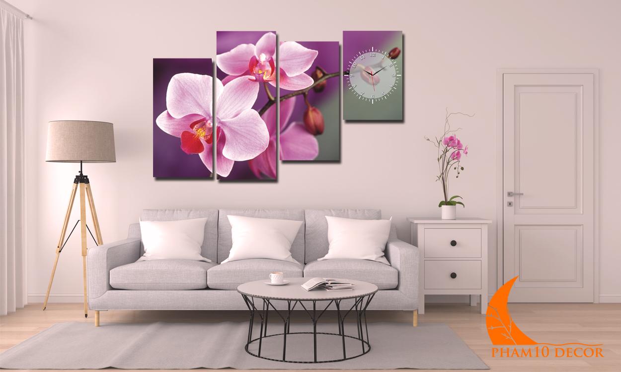 Tranh treo tường Tranh đồng hồ đẹp Tranh đồng hồ treo tường Đồng hồ decor Đồng hồ xem giờ Tranh đồng hồ treo tường hoa lan P10-TW1023