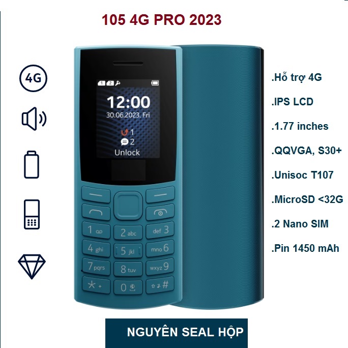 Điện thoại bàn phím Nokia 105 4G Pro  Hỗ trợ 2 Sim và 2 Sóng 4G, Pin 1450 mAh Trâu Và Cực Bền Full Box