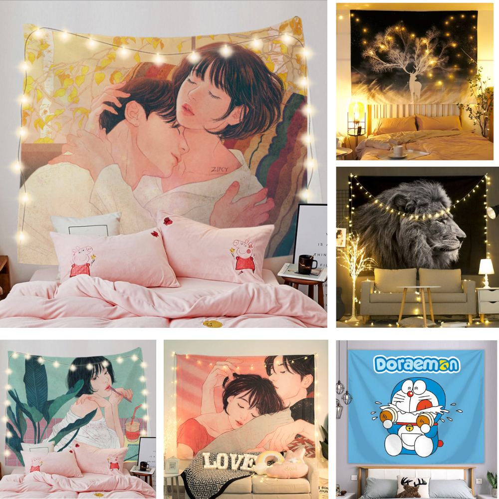 [ Tặng đèn ngôi sao 3M ] Thảm treo tường, Decor phòng ngủ size 150x130 cm, vải treo tường , tranh vải treo tường phòng ngủ, trang trí phòng ngủ cute tặng phụ kiện treo
