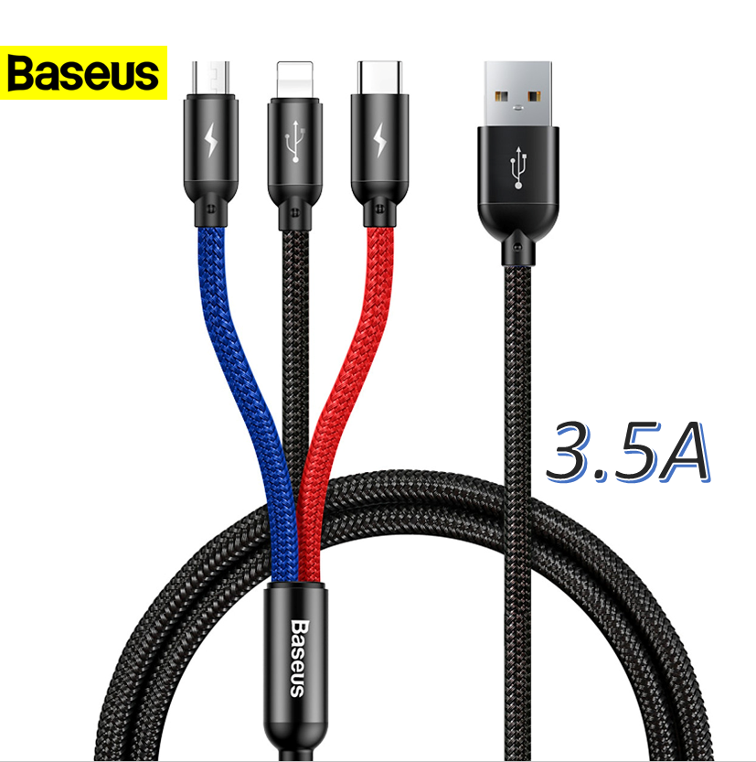 Cáp sạc nhanh 3 đầu 3.5A Baseus dây dù cao cấp typeC micro iPhone dùng cho nhiều máy cùng lúc truyền dữ liệu