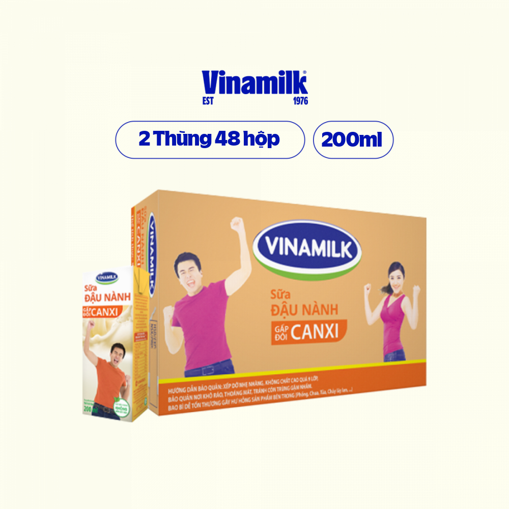 2 Thùng Sữa đậu nành Vinamilk Gấp đôi Canxi có đường hộp 200ml - 48 hộp/Thùng