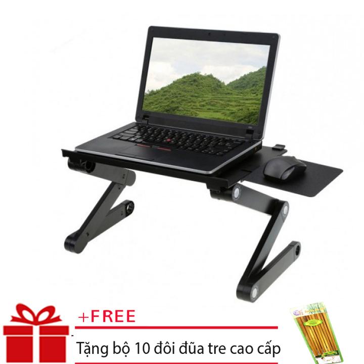 Bàn để laptop giá Cực Rẻ gấp gọn tùy chỉnh 360 độ T6 (Đen) - Bàn kê laptop 3 khớp lỗ thoáng tản nhiệt có bàn để chuột Bàn để laptop đa năng cao cấp có quạt tản nhiệt, bàn laptop, bàn kê laptop + Tặng bộ 10 đôi đũa tre đẹp