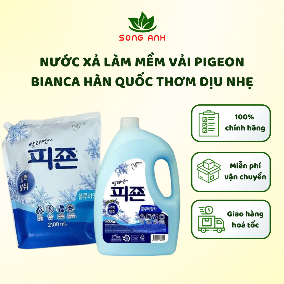 Nước xả vải Hàn Quốc Pigeon Bianca túi 2100ml - chai 2500ml, làm mềm, giảm nhăn vải thơm nhẹ