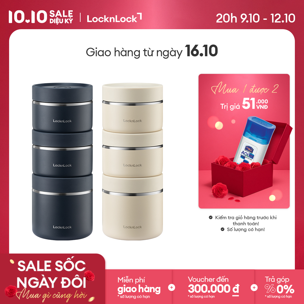 Bộ hộp cơm giữ nhiệt thép không gỉ LocknLock Pump Vacuum Lunch Box LHC8052S02 - 2 Màu, 3 hộp, kèm túi đựng cơm cách nhiệt, bộ muỗng đũa