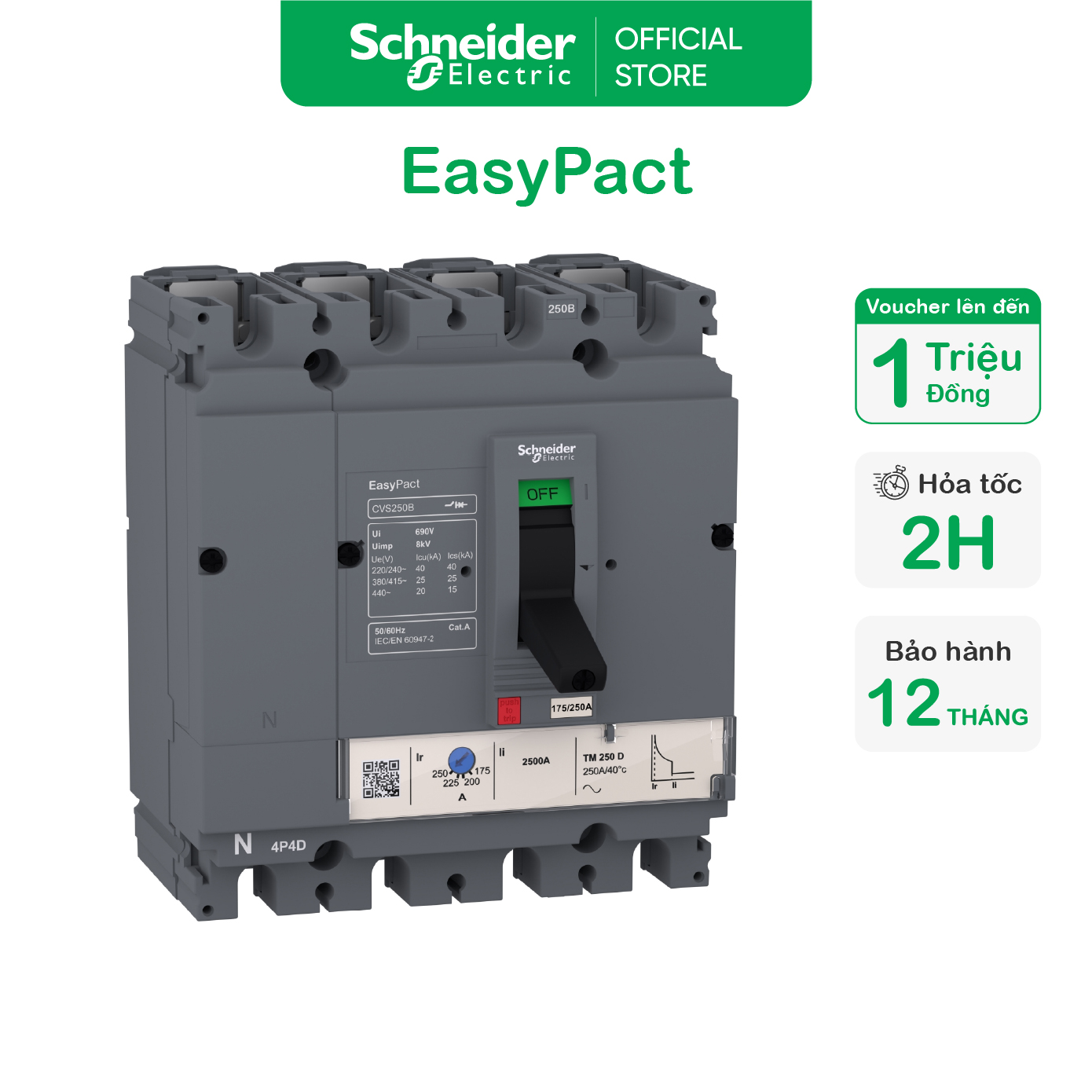 Cầu dao tự động dạng khối mccb dòng cắt 25ka loại cvs100b 4 pha 80a - schneider electric - lv510315
