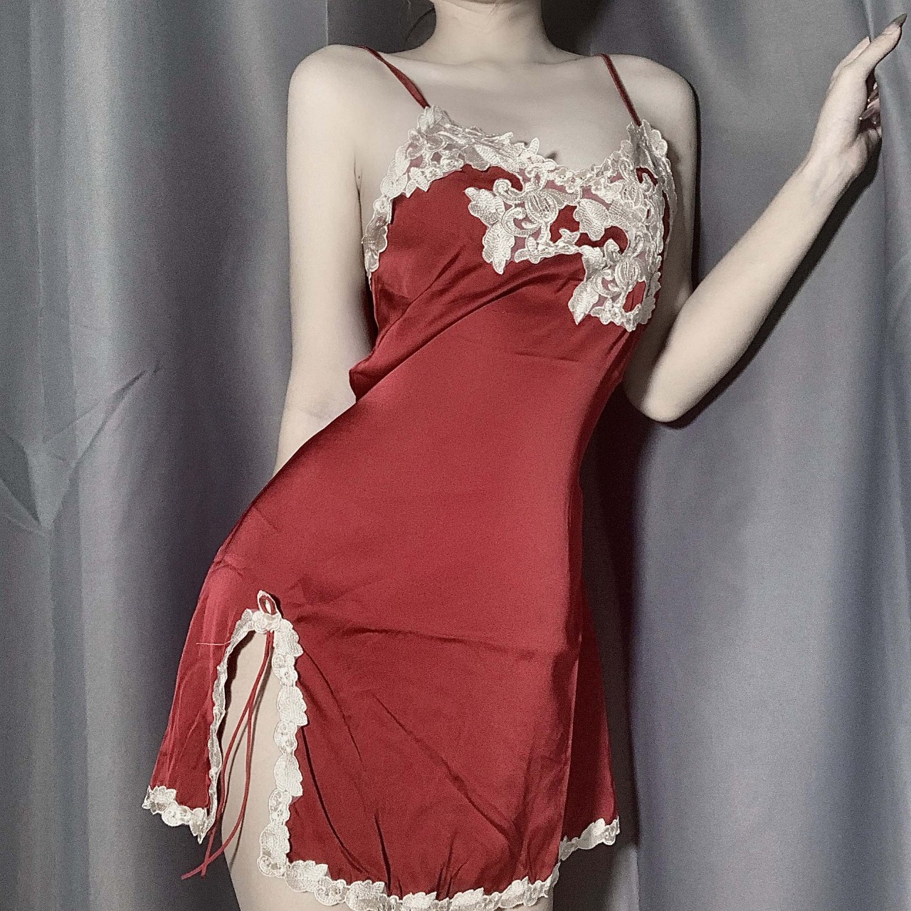 Đồ ngủ sexy váy ngủ hai dây gợi cảm, lụa phi bóng phối ren cao cấp ha1014