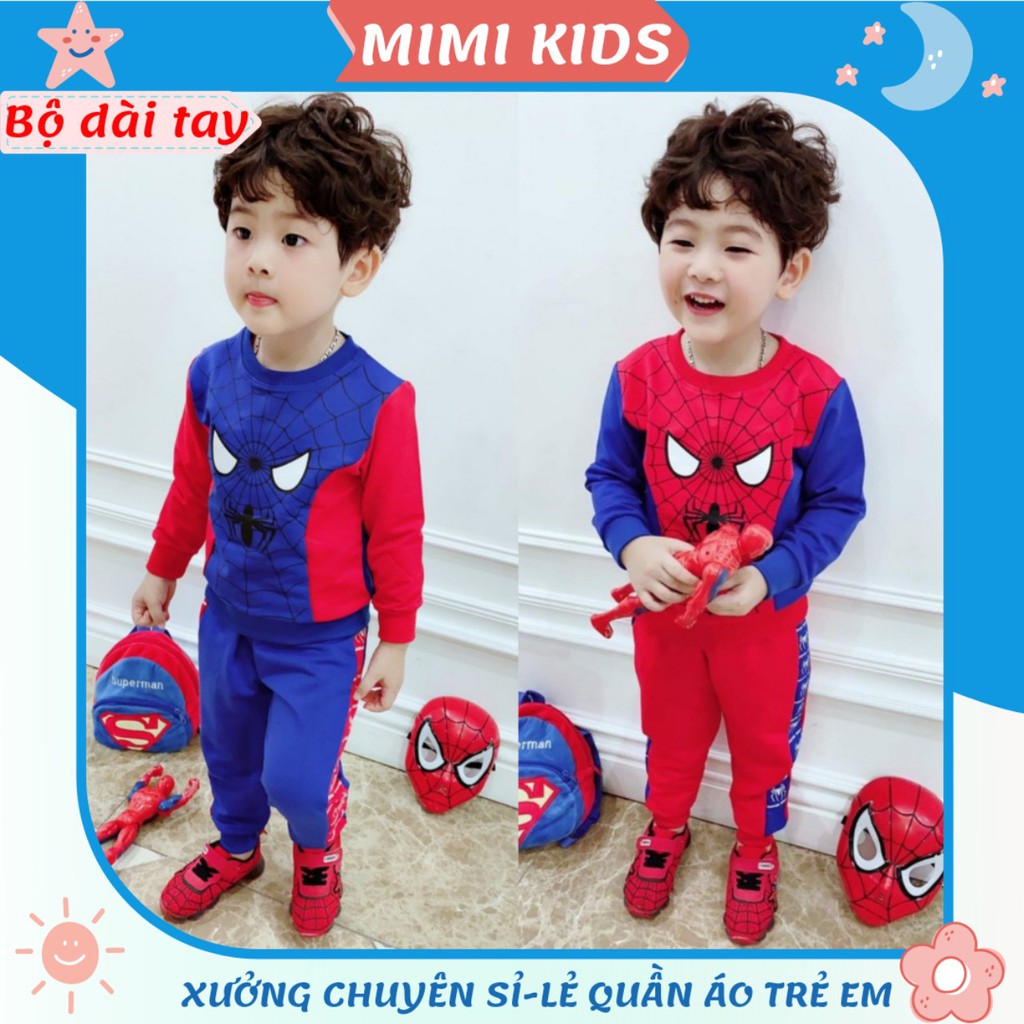 Đồ bộ quần áo bé trai thu đông dài tay siêu nhân Spiderman chất lót lông và cotton cho bé 12-20kg