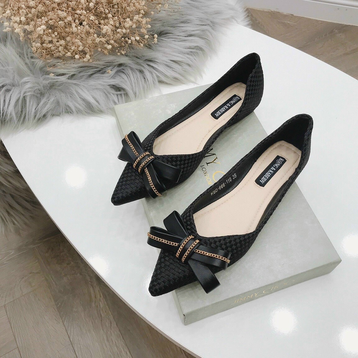 giày búp bê mũi nhọn nữ phối nơ xích 2 màu độc lạ, giày bệt nữ nơ xích chất dạ mat hàng siêu hot