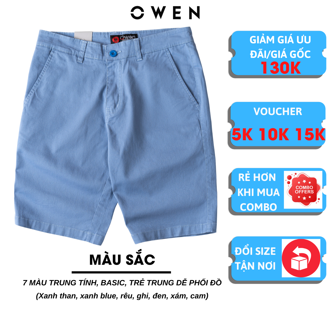 quần short nam OWEN màu xanh blue chất kaki cotton cao cấp co giãn trẻ trung dáng suông slimfit năng động
