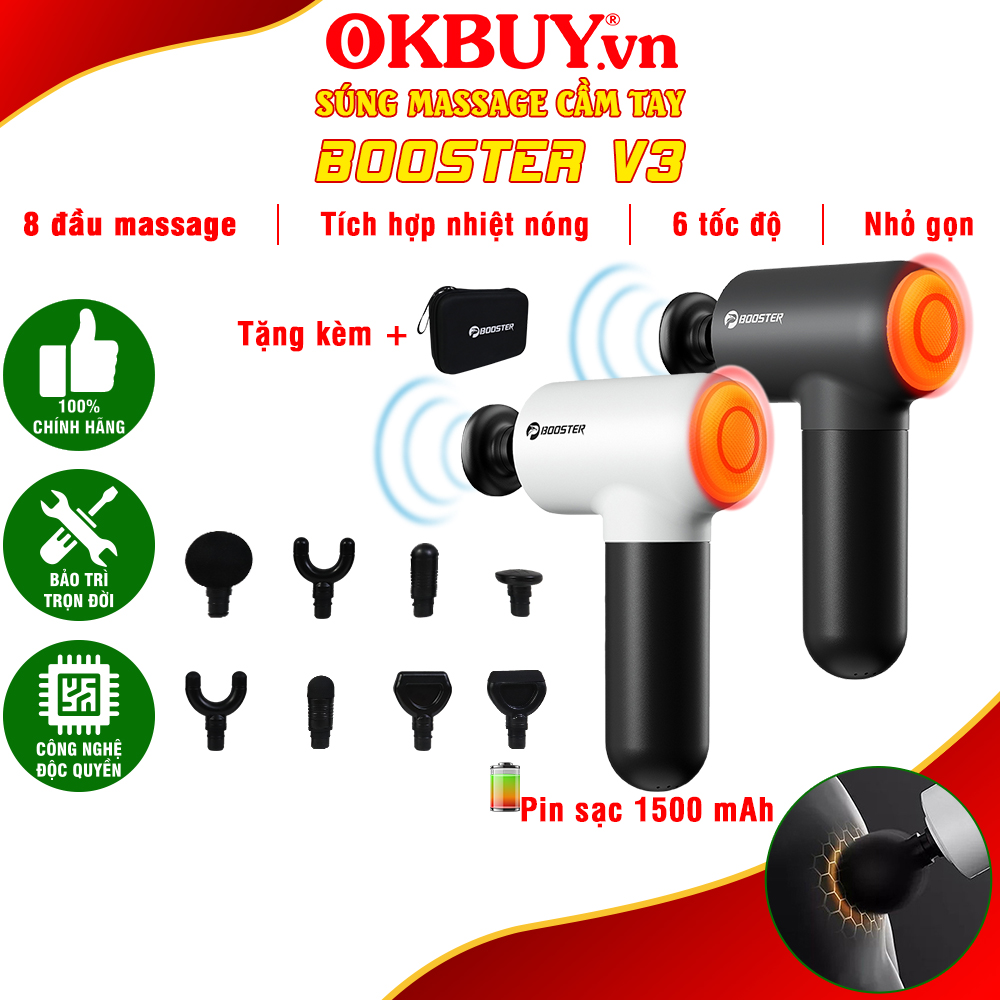  Súng massage cầm tay máy matxa cầm tay súng giãn cơ mini Booster V3 - 6 tốc độ 8 đầu mát xa có đầu nhiệt nóng hỗ trợ giãn cơ siêu nhanh | OKBUY 