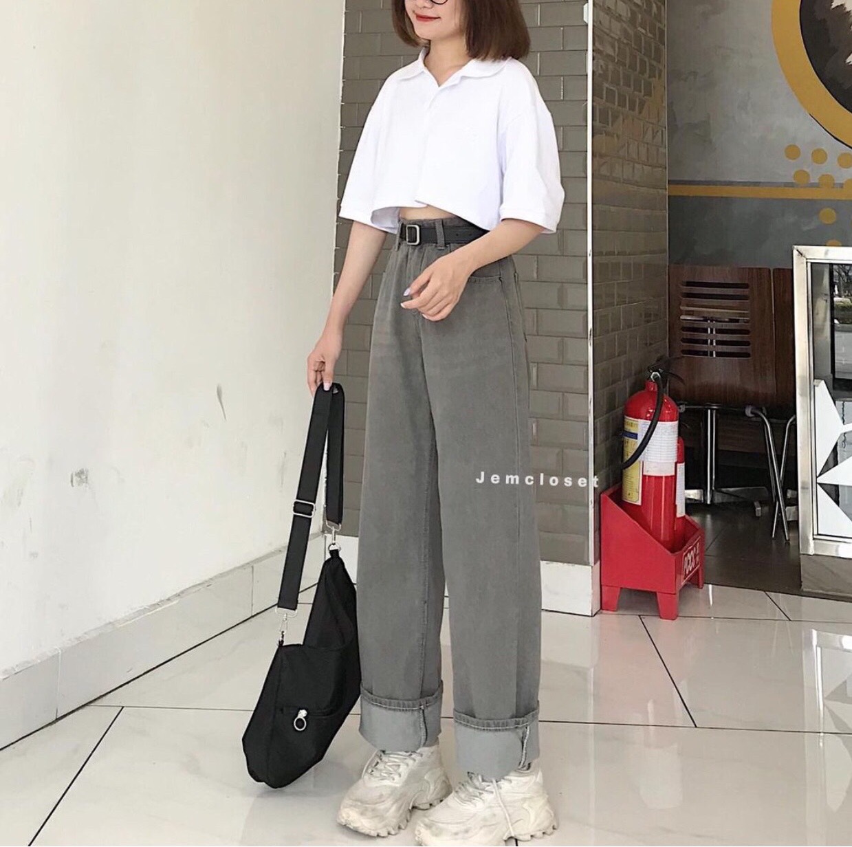 🍂SET BAGGY JEANS ỐNG SUÔNG XÁM + CROP PETTER TRẮNG