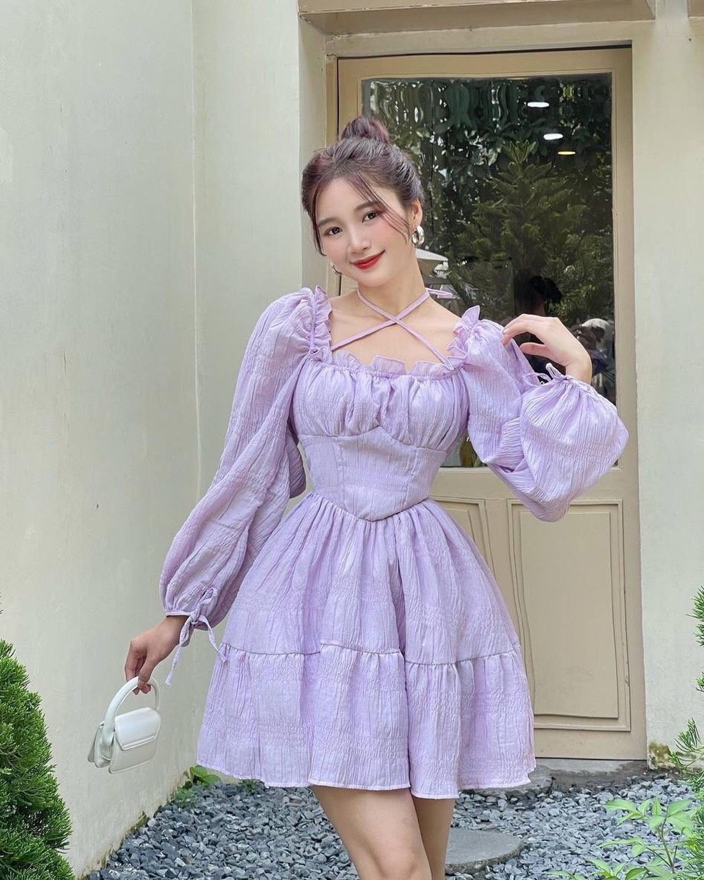 Đầm tím dáng xòe phối tay dài