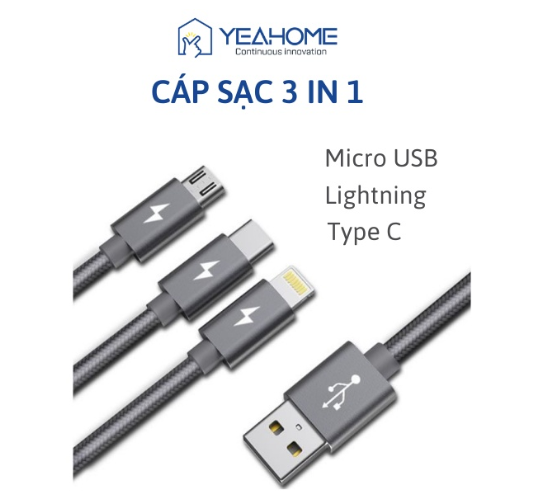 Dây cáp sạc 3 in 1 yoobao lightning - microusb - type c,bọc vải dù siêu bền,dài 1.2m-hàng chính hãng