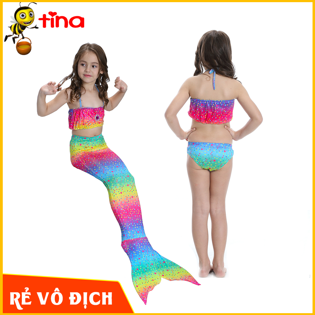 Đồ bơi quần áo tắm nàng tiên cá in mầu sắc cầu vồng đi biển cho bé gái từ 4 đến 10 tuổi E82