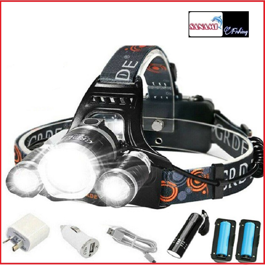 Đèn pin đội đầu 3 bóng T6 siêu sáng - Đèn pin led đội đầu T6 4 chế độ chiếu sáng kim - Sanami Fishing