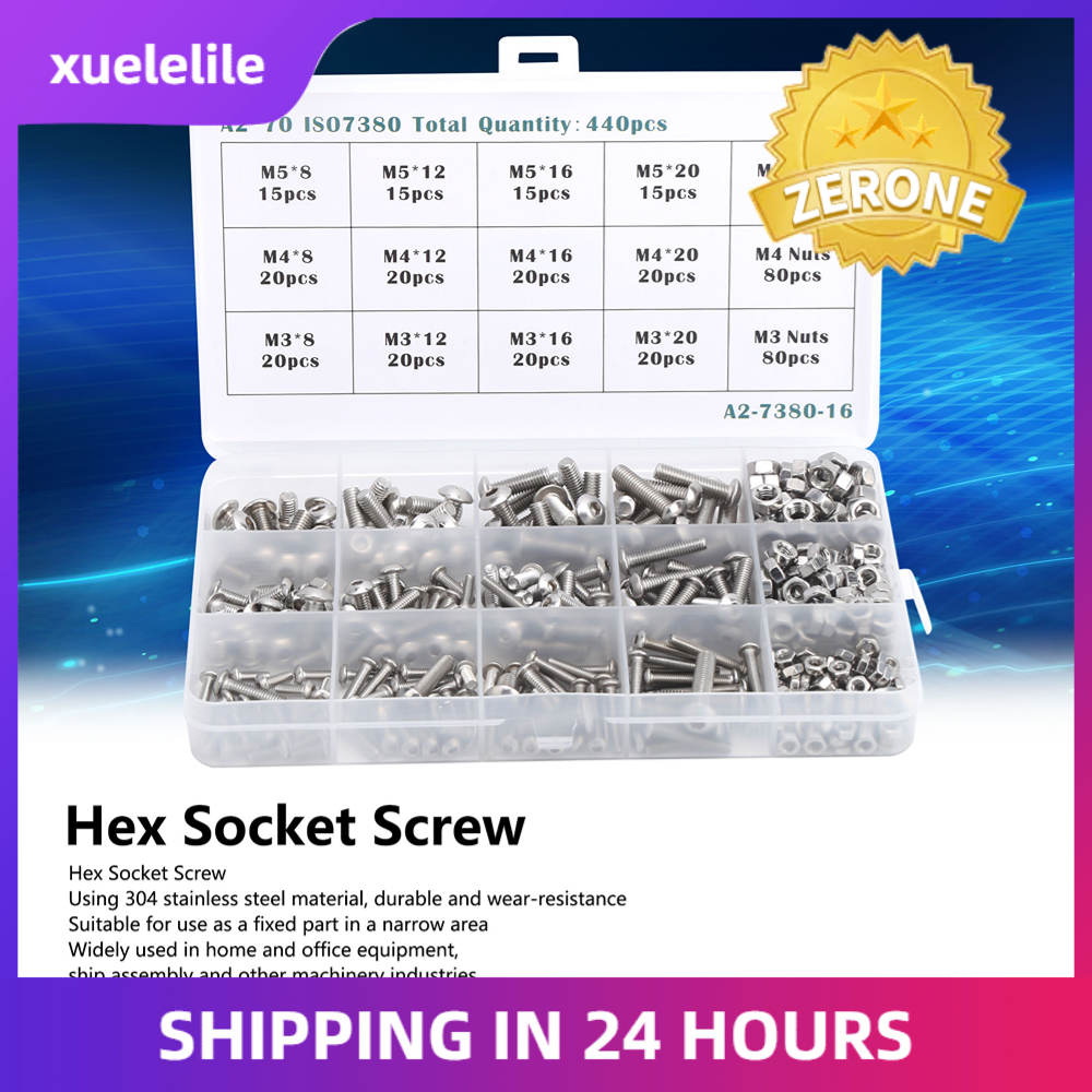 440PCS M3/M4/M5 Hex Socket Screw with Nut Assortment Set Stainless Steel Fastener Hardware