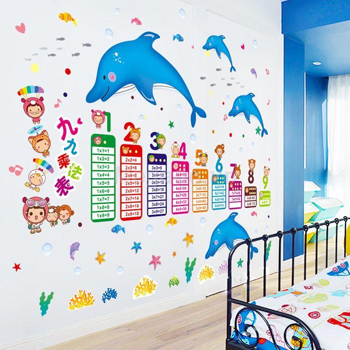 Decal tranh dán tương 2 bức kết hợp cá heo và bảng cửu chương