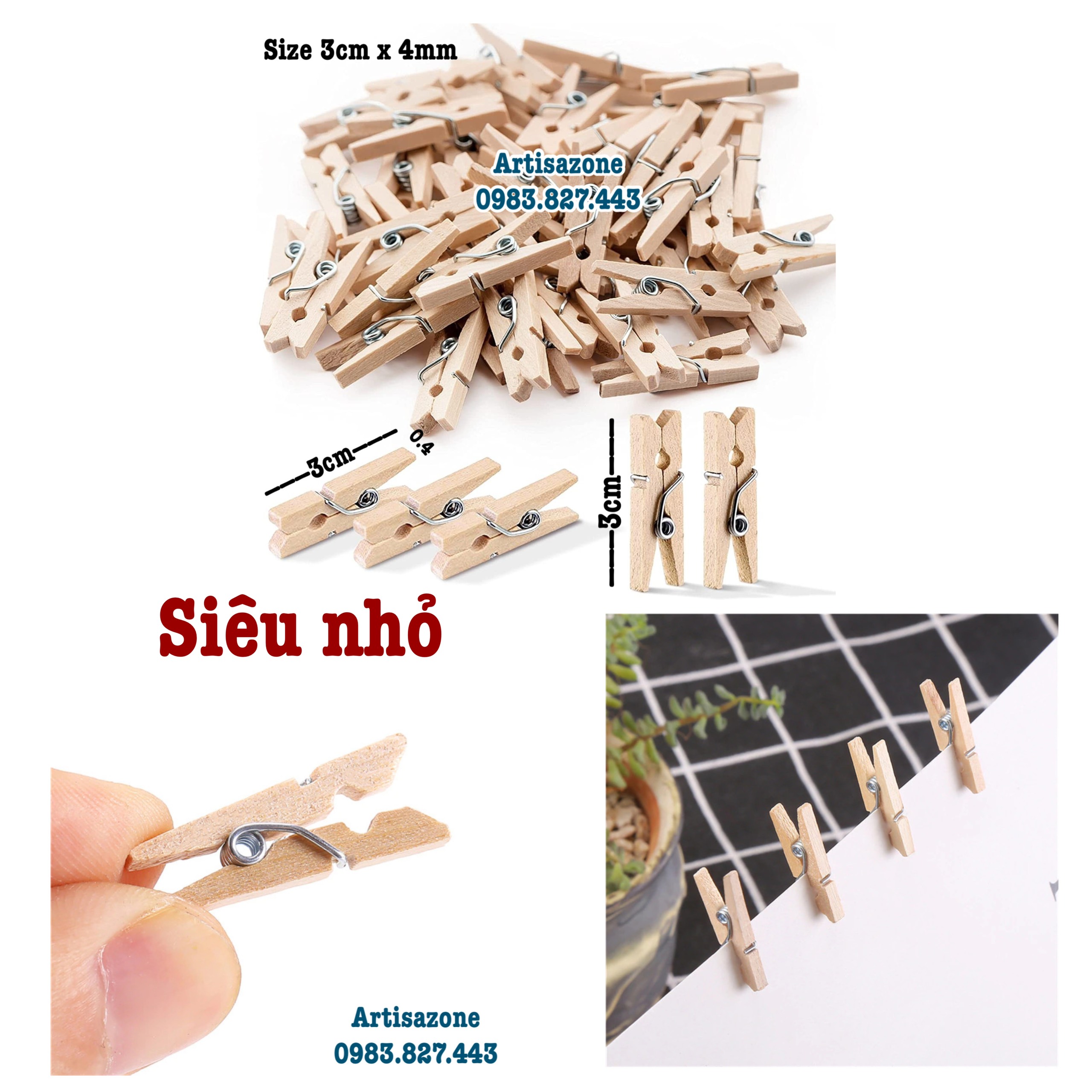 Kẹp gỗ trơn siêu nhỏ - Túi 50 chiếc