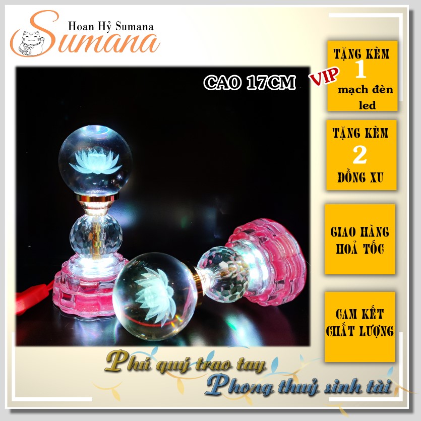 Đèn thờ cúng pha lê nguyên khối hoa sen cao 17cm CHIẾU TRẦN mạch led