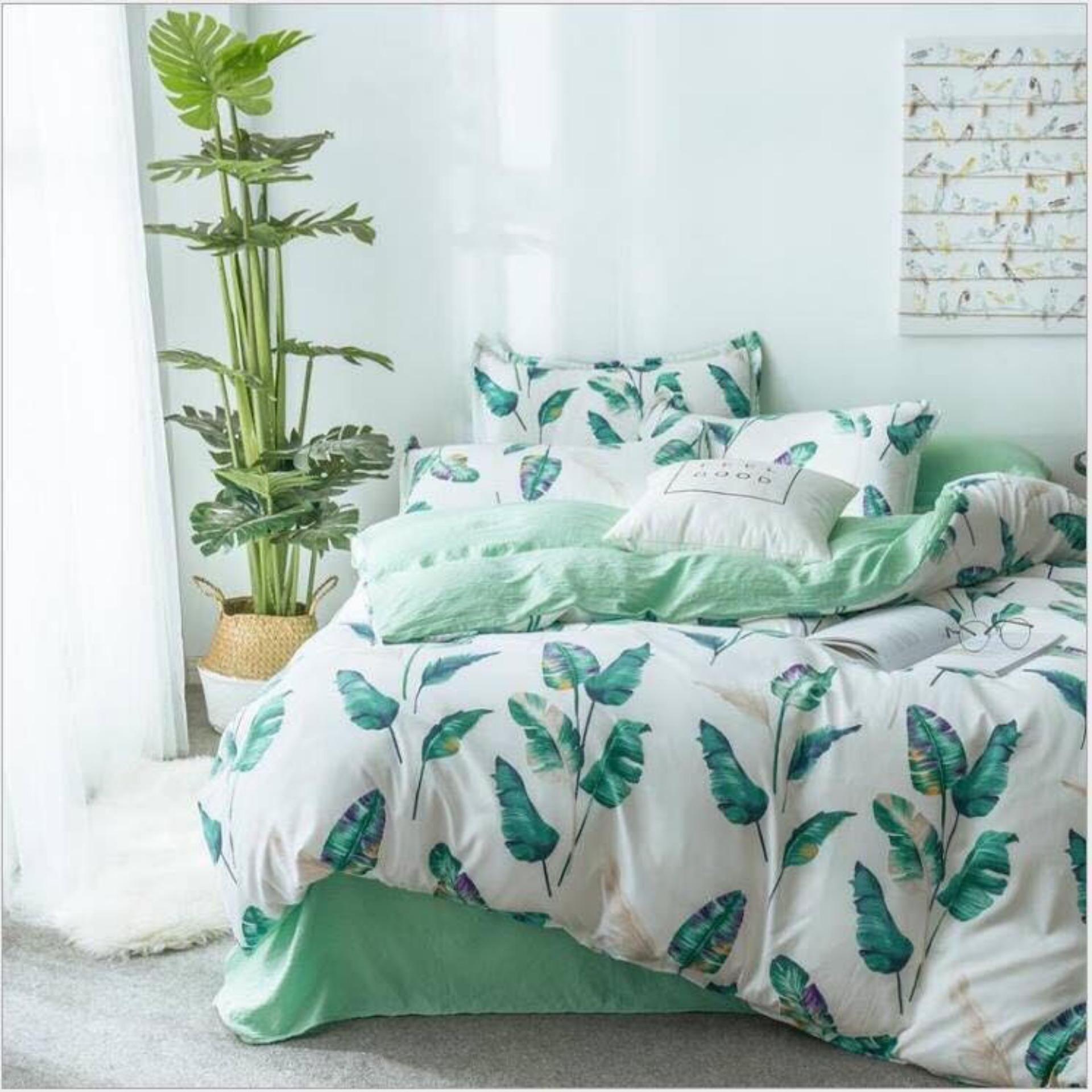Bộ chăn ga gối đũi nhập lá xanh mới