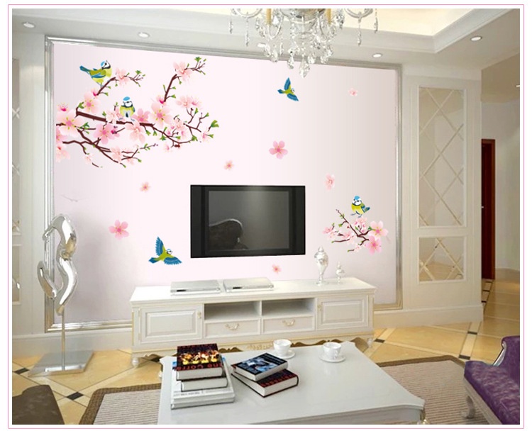Decal dán tường đào hồng và chim - dh002 - pvc vinyl