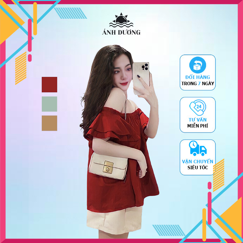 Set áo trễ vai và quần đùi nữ đi chơi 3 màu vải lụa, set áo và quần đùi Ánh Dương Clothing