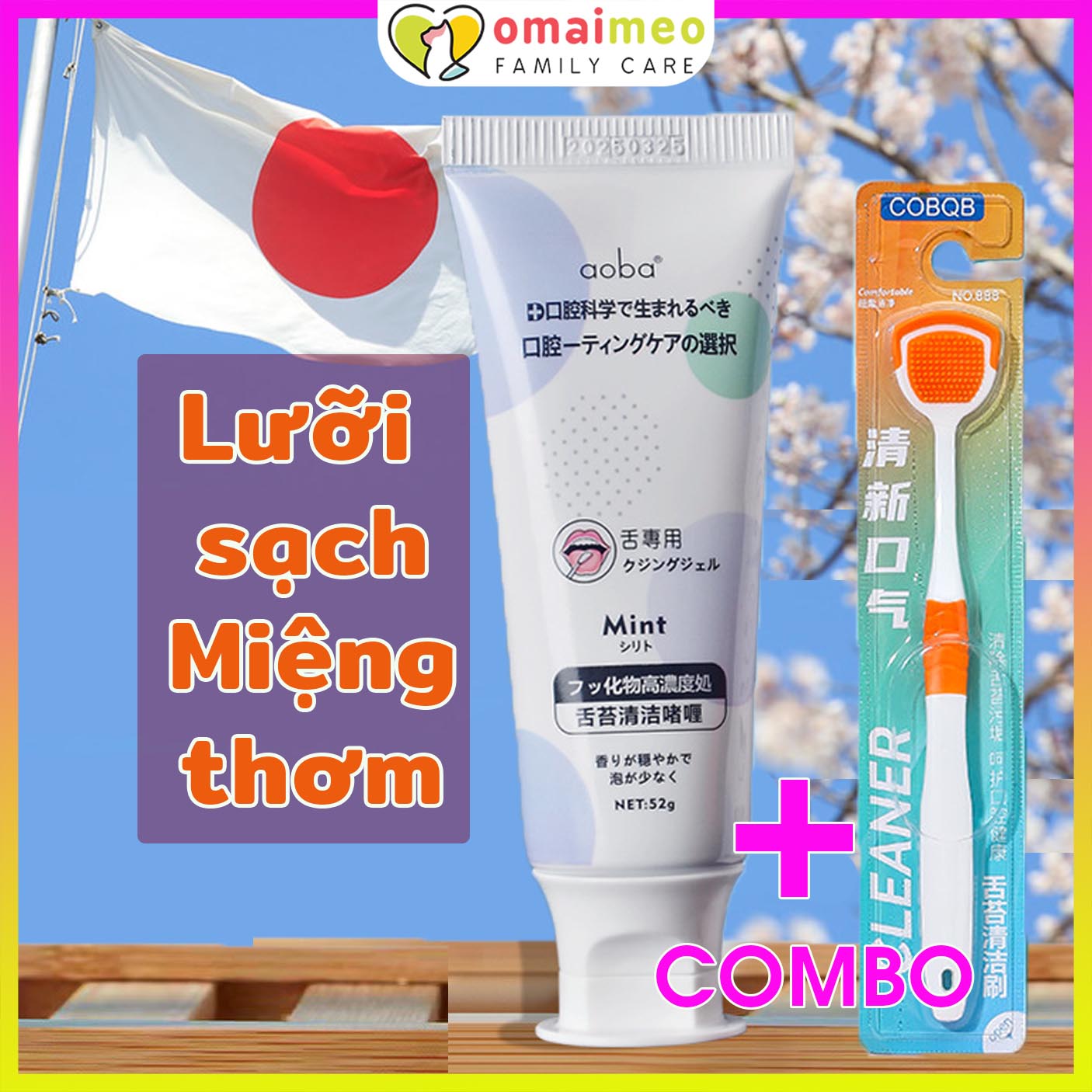 Gel vệ sinh lưỡi Aoba Nhật Bản vệ sinh lưỡi sạch mảng bám hơi thở hơm mát với hương bạc hà và hương đào tuýp 52g