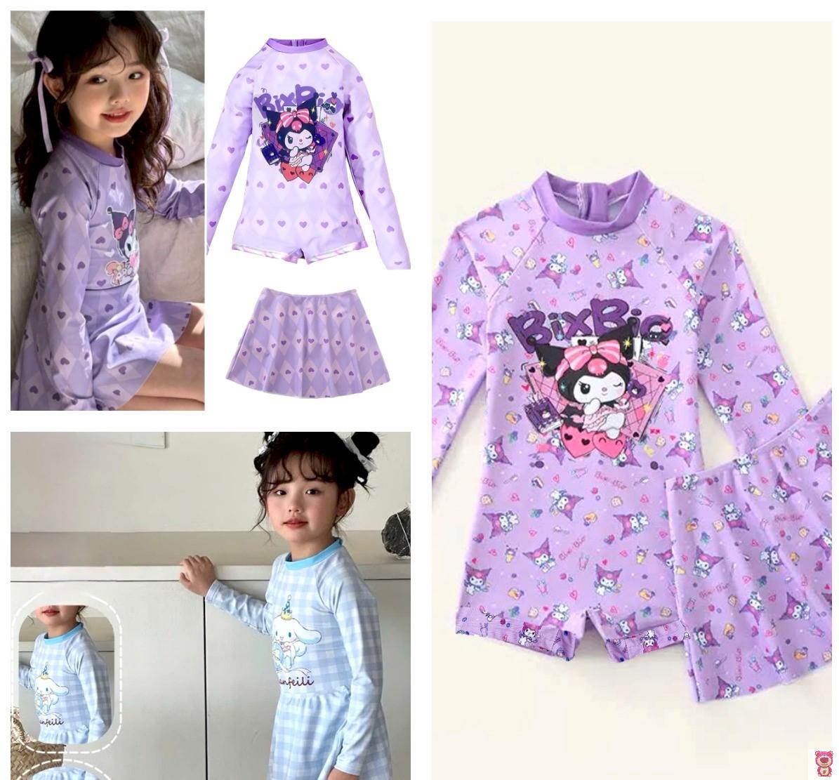 (13-40kg) ĐỒ BƠI, BIKINI LIỀN QUẦN TAY DÀI KÈM VÁY RỜI HOẠ TIẾT KUROMI, CINAMOL XINH XẮN CHO BÉ GÁI DIỆN ĐI BIỂN, ĐI BƠI