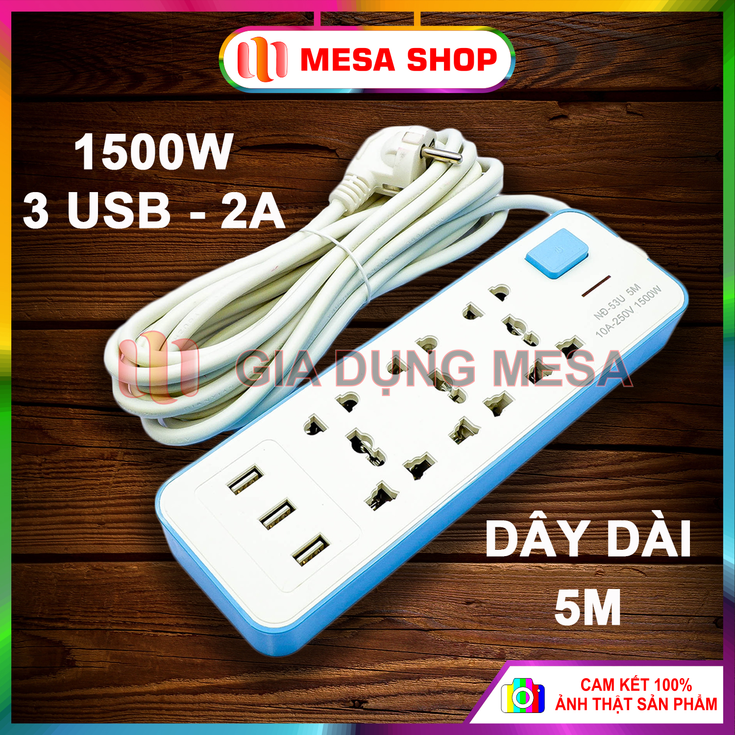 Ổ cắm điện có cổng usb sạc điện thoại, 6 lỗ cắm, công suất 1500w dây dài 5m công tắc nhấn siêu bền nđ-53u-5m