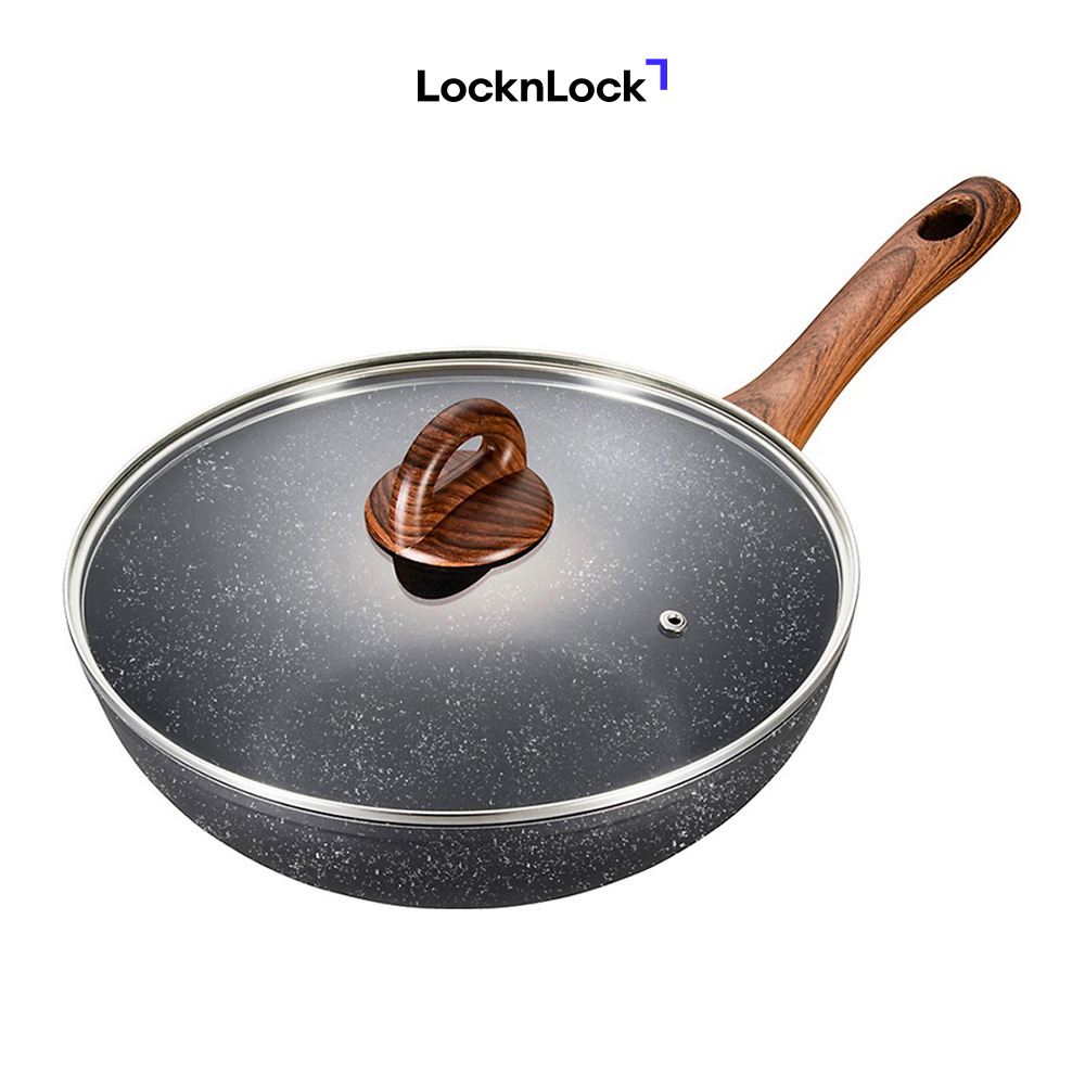 LBU1285 - Chảo nhôm sâu lòng chống dính Lock&Lock BAUM Marble 28cm, 1 tay cầm, nắp thủy tinh Dùng được bếp từ Hàng chính hãng