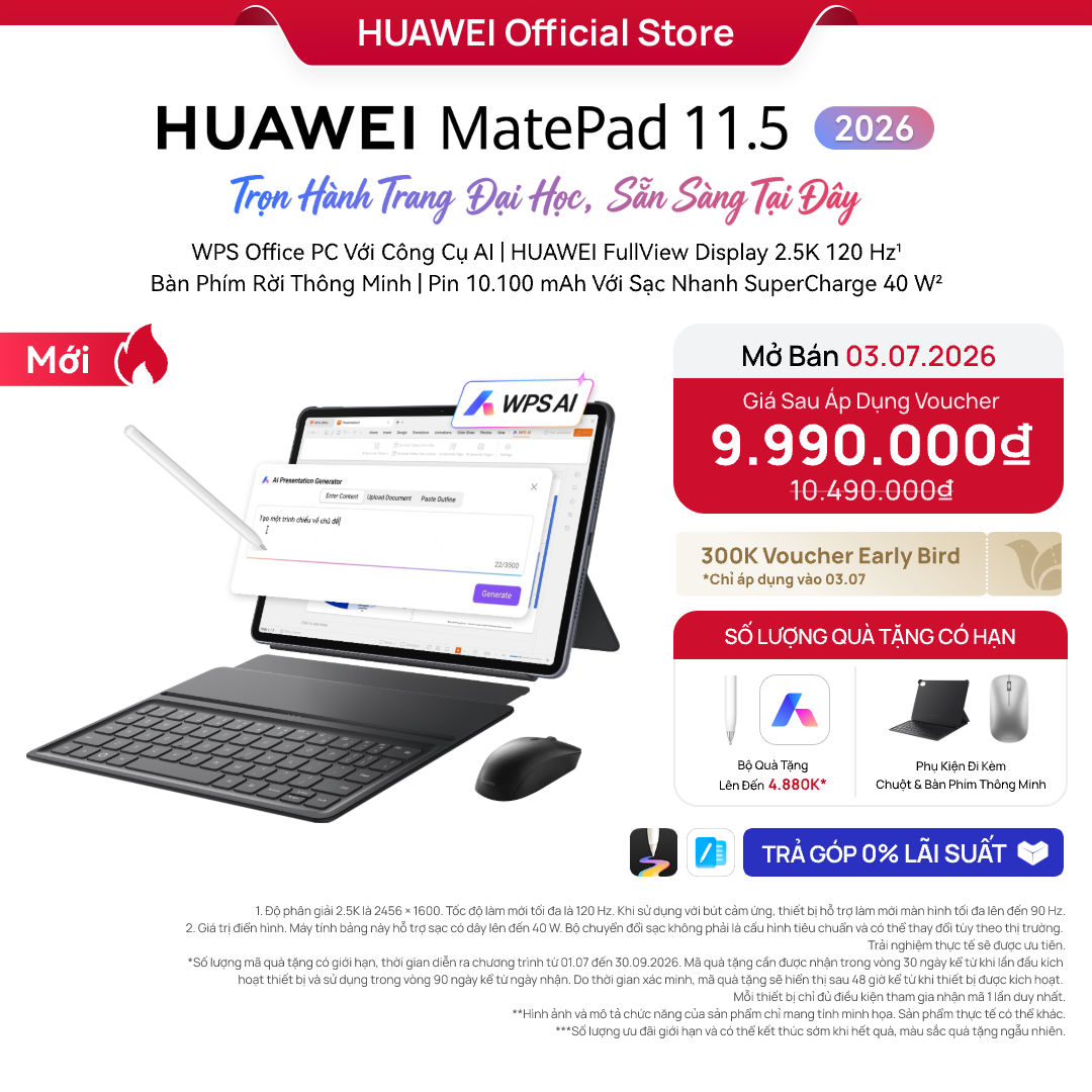 HUAWEI MatePad 11.5 2026 | WPS Office PC Với Công Cụ AI | HUAWEI FullView Display 2.5K 120Hz| Bàn Phím Rời| Pin 10100mAh