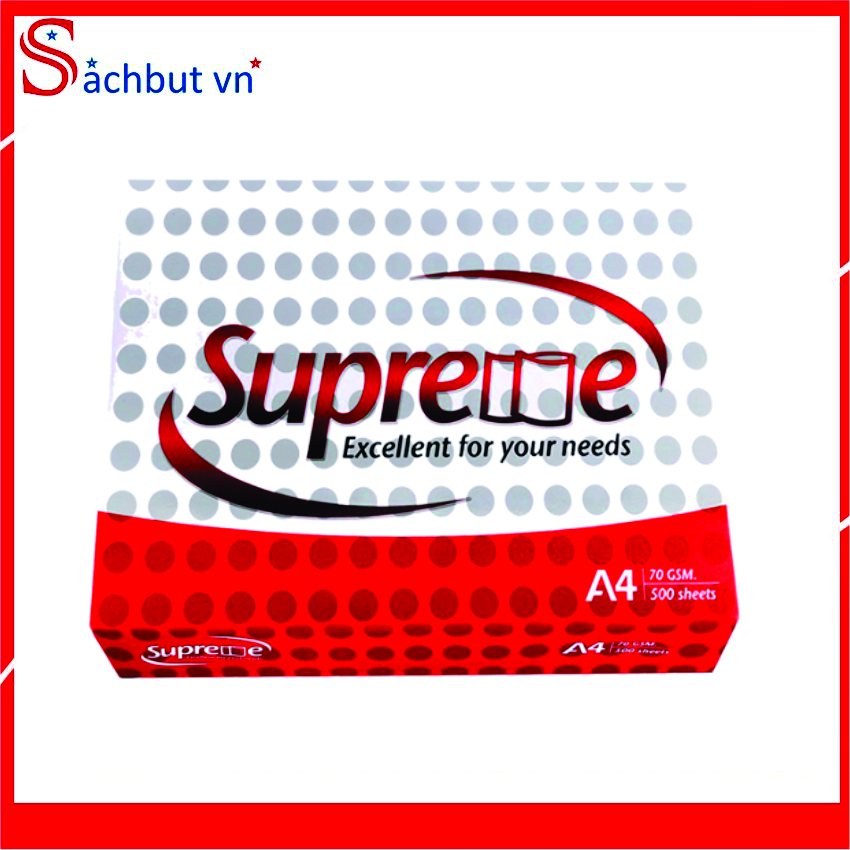 Giấy Supreme A4 70gsm ( A4 Thái Đỏ ) Thích hợp với tất cả các loại Máy in phun, Máy in Laser, Máy Fax laser, Máy Photocopy.