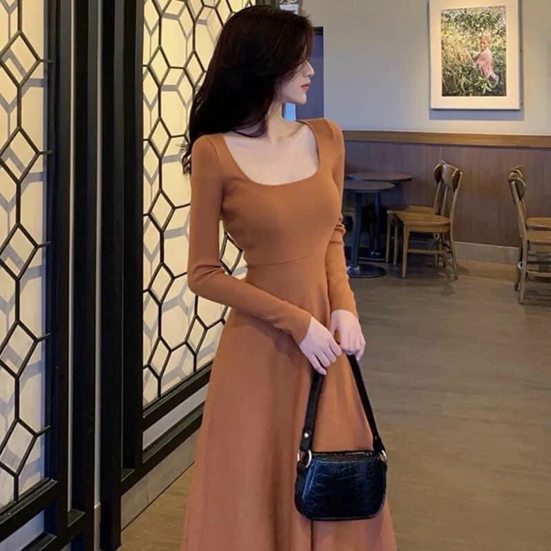 [Yến Trần] Đầm Xòe Len Tăm - Váy Len Tăm Cổ Vuông Dài Tay Hàng Quảng Châu