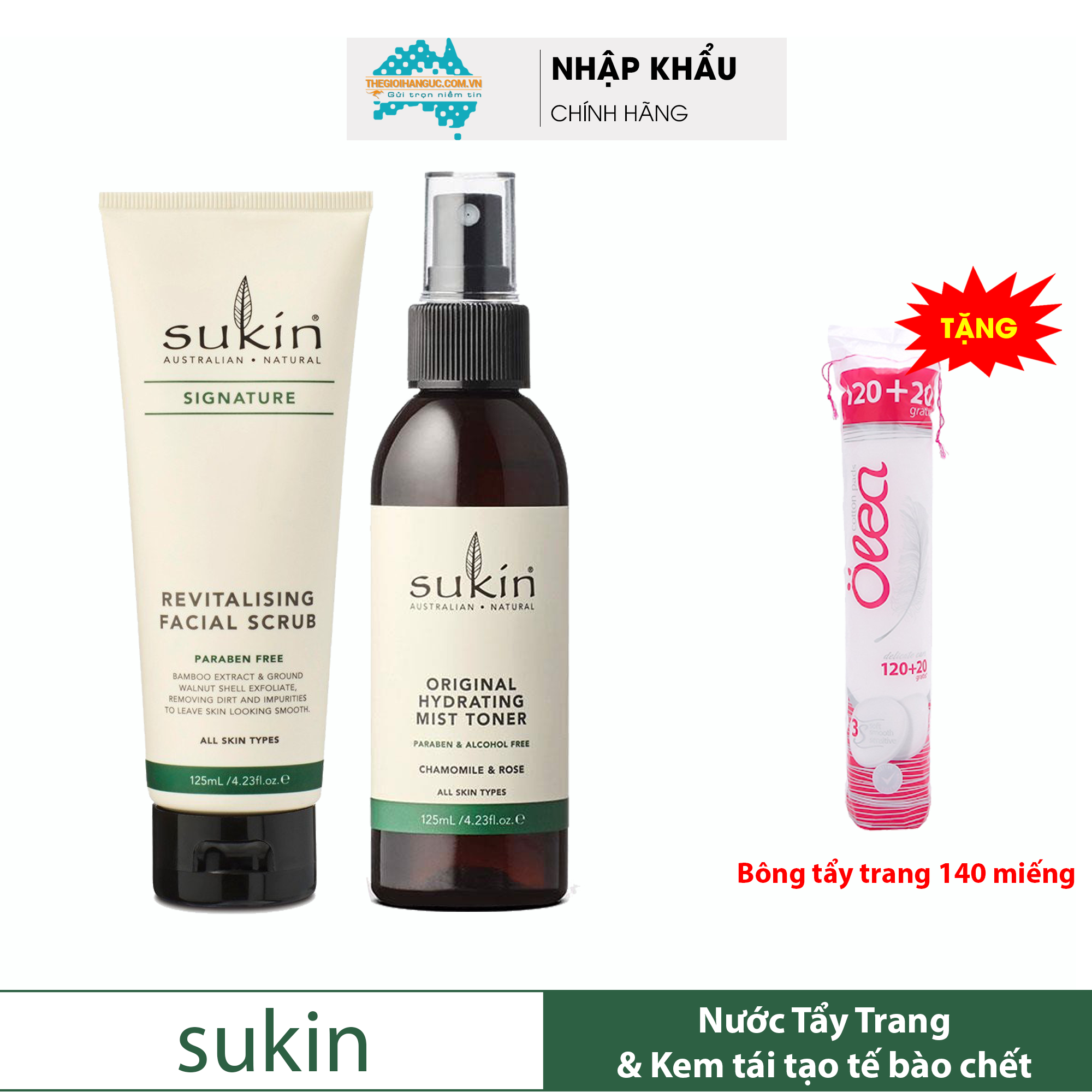 COMBO Nước hoa hồng dạng xịt Sukin + Kem tẩy tế bào chết và tái tạo da Sukin