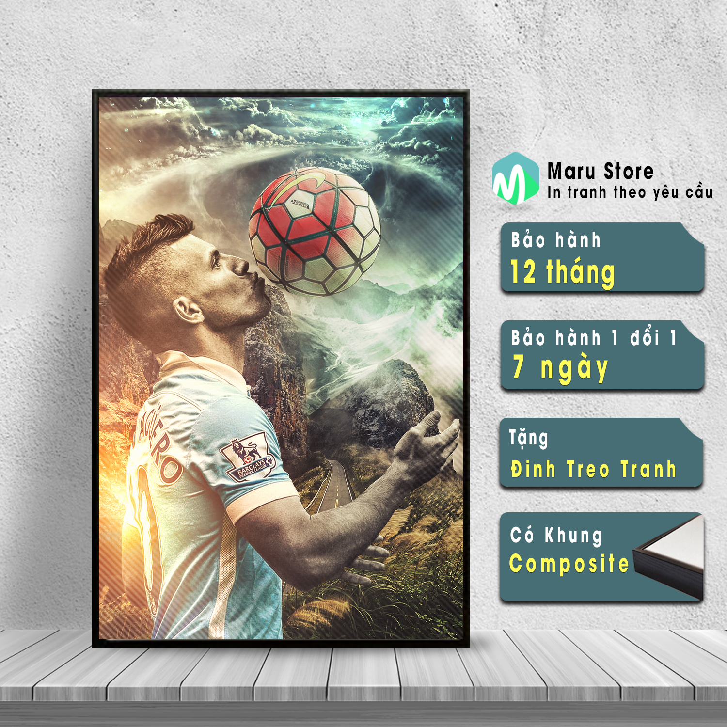 Tranh Cầu Thủ Bóng Đá Kun Aguero Tranh Canvas Có Khung Treo Tường