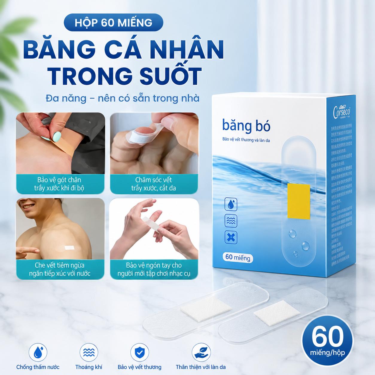 Hộp 60 miếng băng cá nhân trong suốt chống thấm nước, bảo vệ vết thương hiệu quả trong suốt
