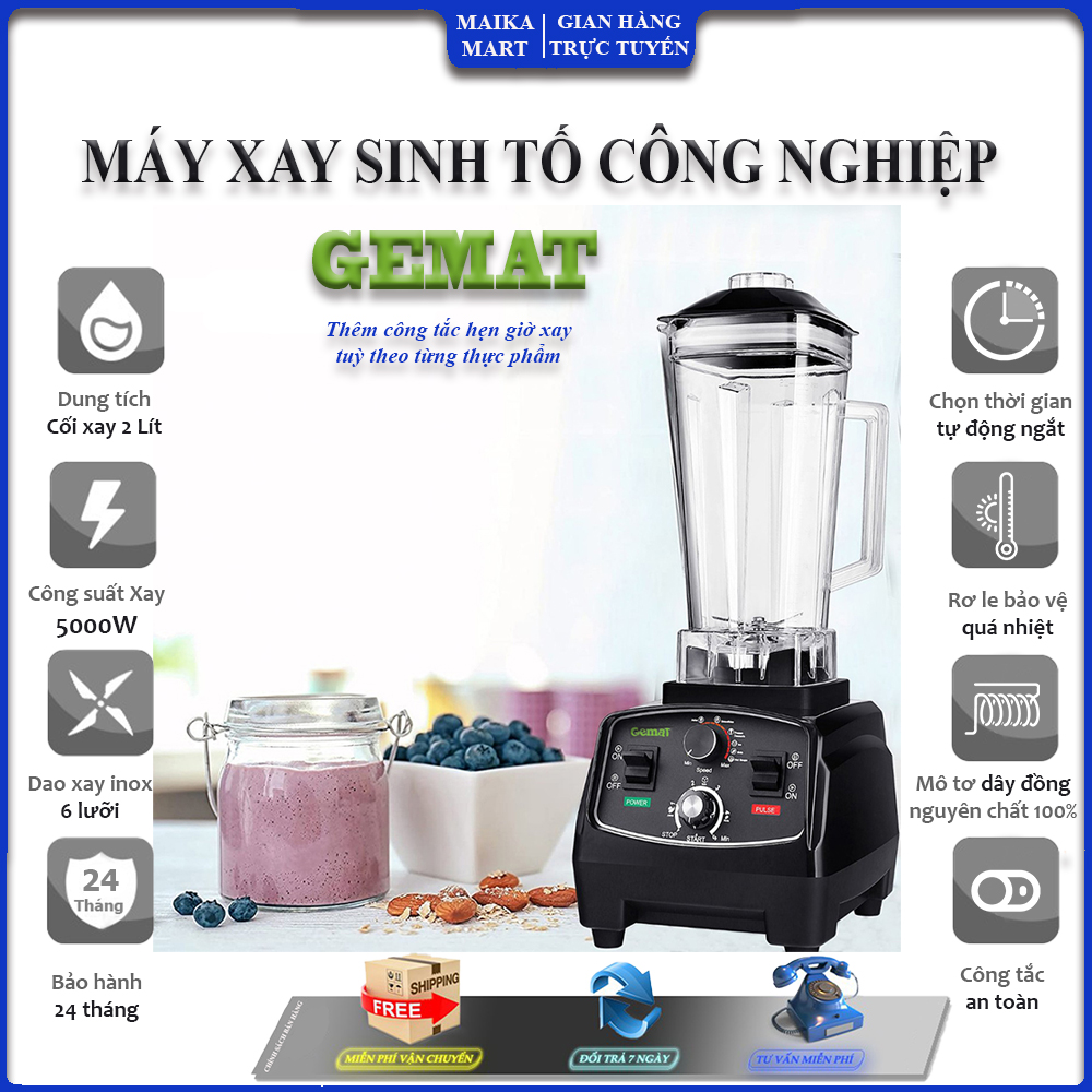 FreeShip50k- Máy Xay Sinh Tố Công Nghiệp GEMAT, CS xay 5000W, Có Chế Độ Hẹn Giờ Tự Động. Ca Xay 2 Lít - Xay đá tuyết, Xay Ngũ cốc, Xay Rau Củ quả, Xay Thịt