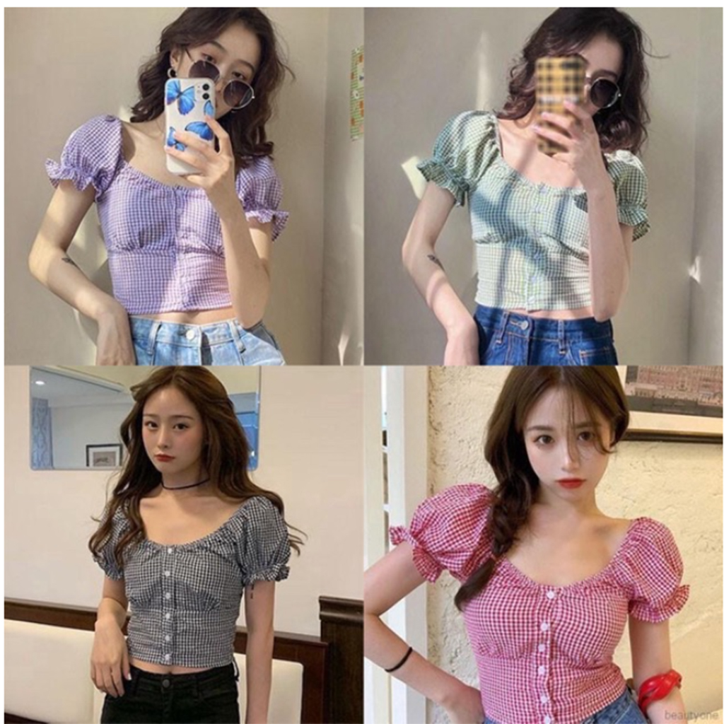 Áo croptop ulzzang chun lưng cka810, kiểu áo tay ngắn trễ vai nhiều màu, cute dễ phối đồ