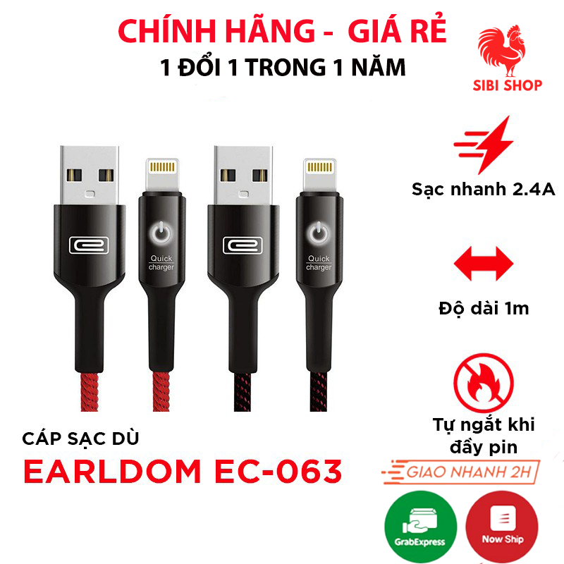 Cáp sạc Iphone Earldom Tự Ngắt/Cáp sạc Samsung, Type C Chính hãng Earldom Sạc Nhanh Siêu Bền