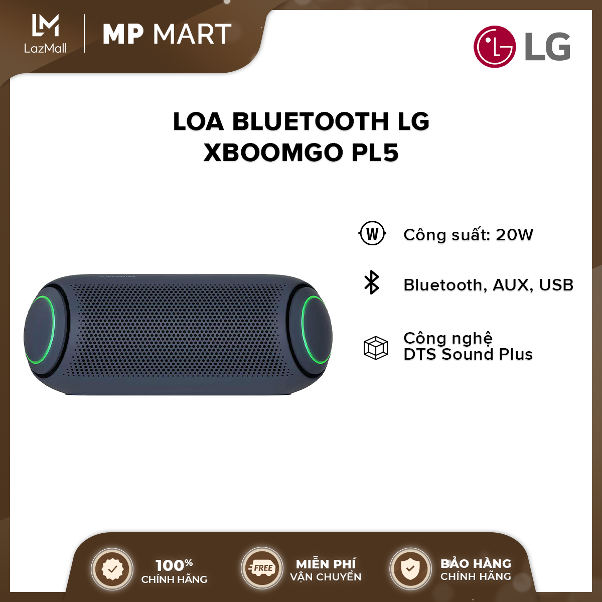 [FREESHIP] Loa Bluetooth LG XBOOMGo PL5 l Công suất 20W l Công nghệ Meridian l Chống nước IPX5 l Pin 18h l HÀNG CHÍNH HÃNG