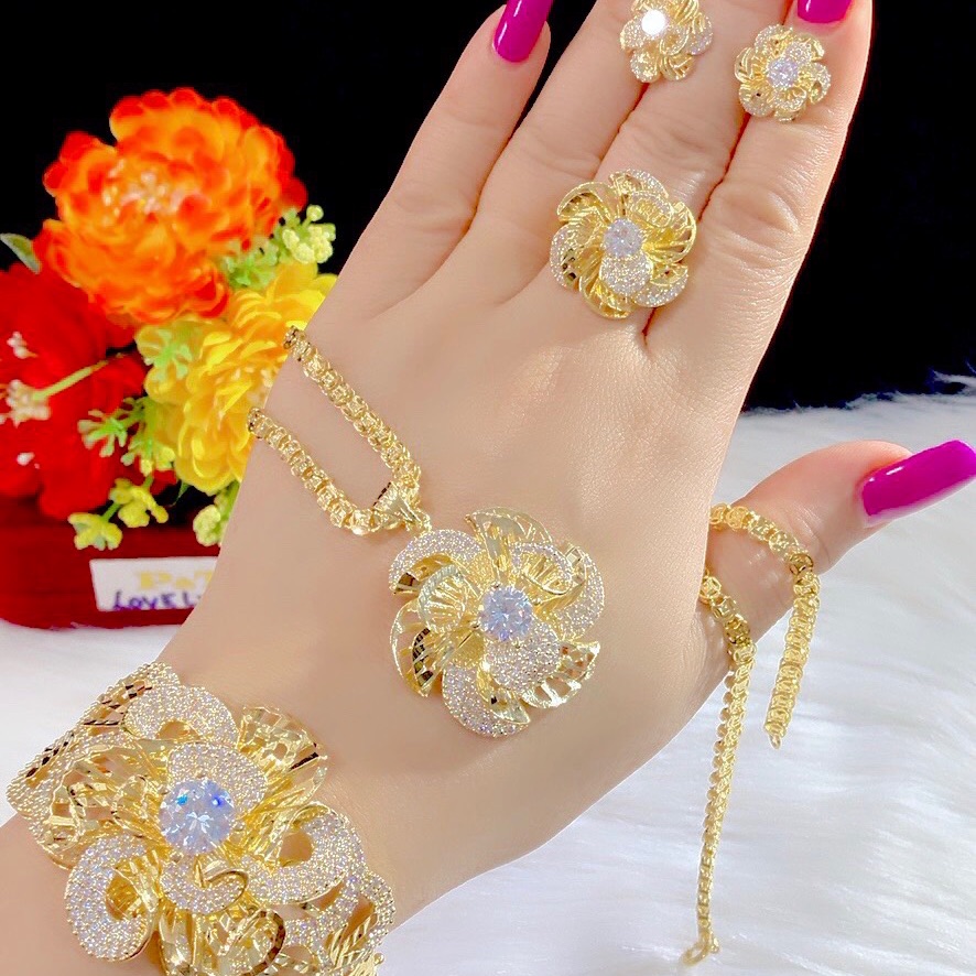 Set bộ trang sức kiểu hoa xoáy mạ vàng 18k 4 món cực đẹp