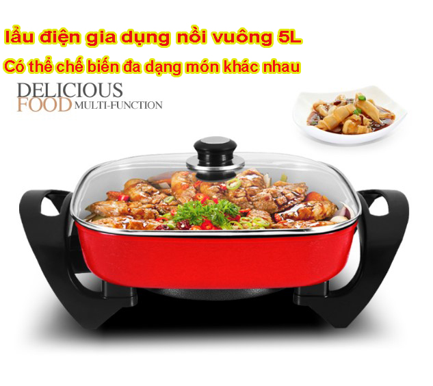 Nồi điện đa năng hàn quốc, nồi vuông 5L, lẩu điện gia dụng, chảo điện 30cm,Bảo hành 3 tháng,Chống bỏng, dày, tay cầm 2 bên