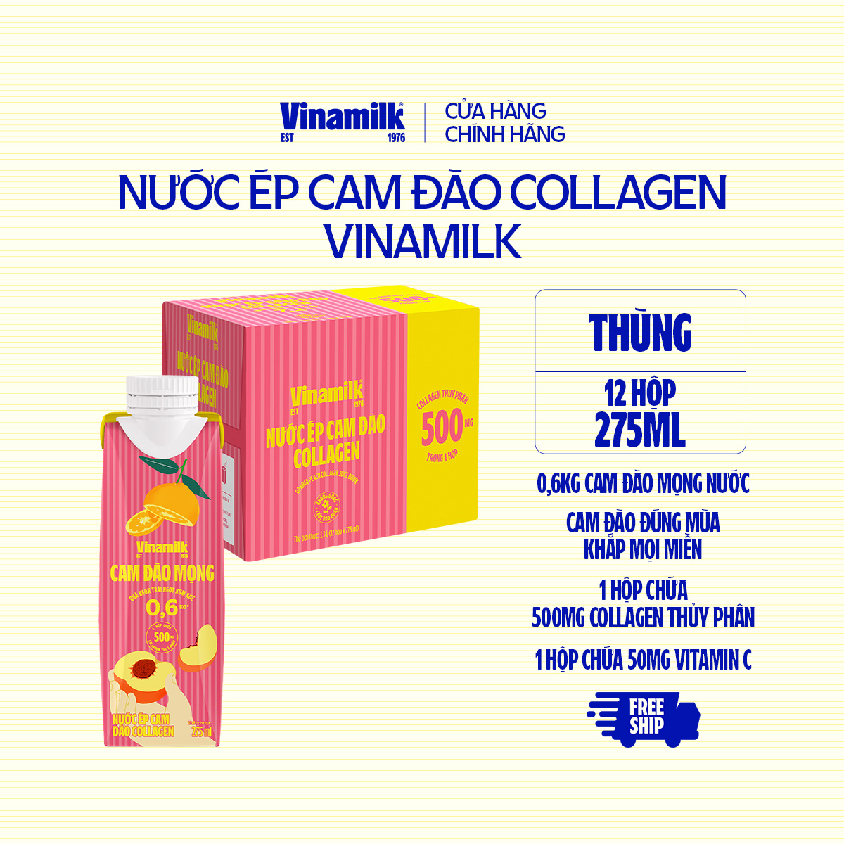 Thùng 12 Hộp Nước Ép Cam Đào Collagen Vinamilk - Hộp giấy 275ml