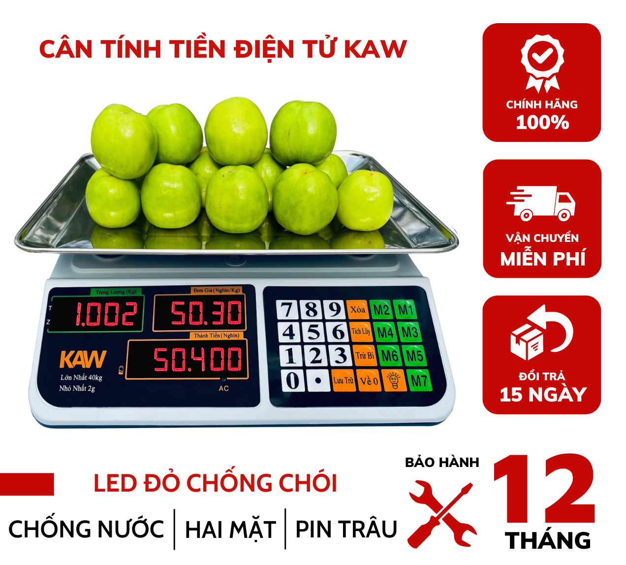 Cân điện tử tính tiền 40kg chất lượng tốt, siêu chuẩn xác, chống nước, thiết kế thông minh, Cân tính tiền điện tử KAW 2 mặt hiển thị- Bảo hành toàn quốc