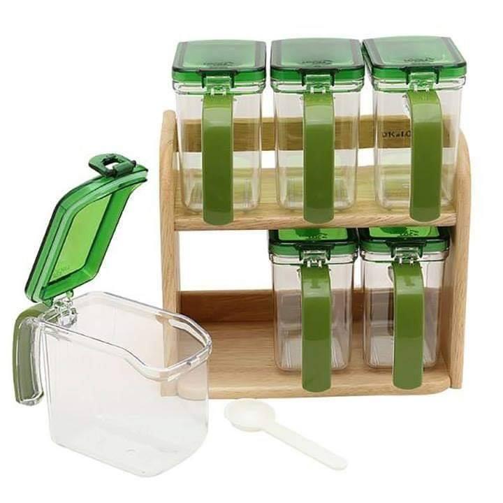 Bộ 6 hộp đựng gia vị lock&lock hpl949s6 - kệ gỗ 2 tầng