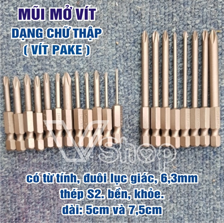 Mũi mở vít pake, dạng chữ thập. đuôi lục giác. Dùng cho máy bắn vít, máy khoan cầm tay.