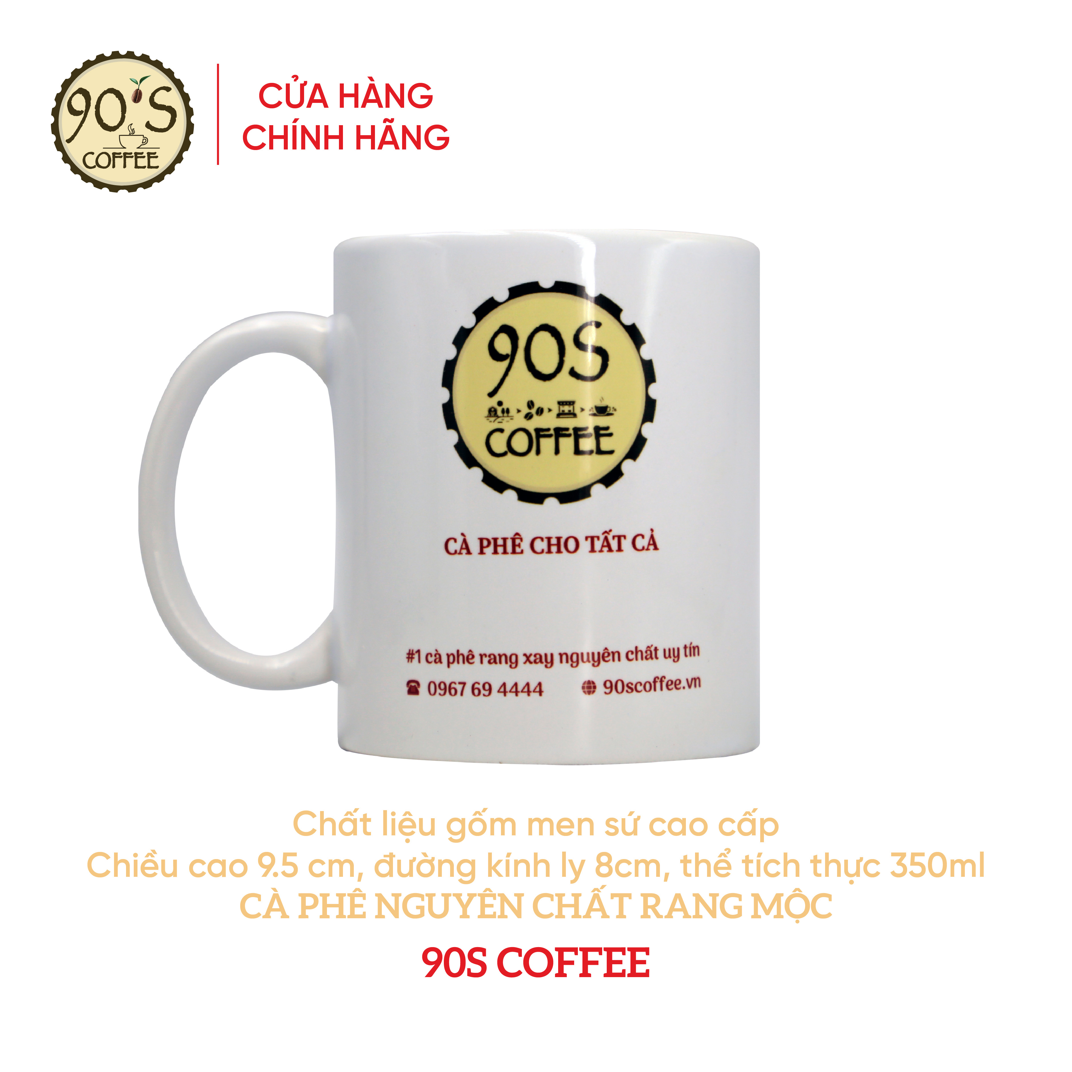 Ly cốc sứ tráng men trắng cao cấp 90s coffee giữ nhiệt lâu có quai cầm cách nhiệt