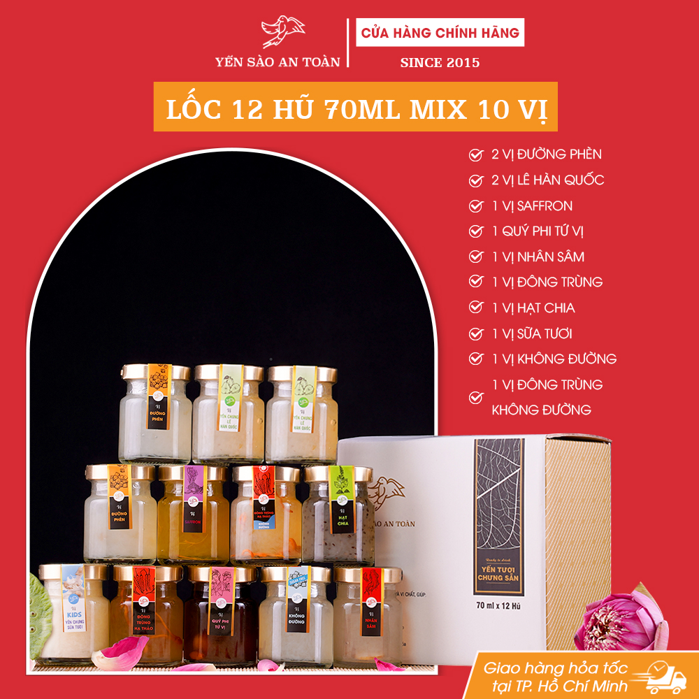 Combo 12 hũ yến chưng sẵn 10 vị tươi ngon từ tổ yến Khánh Hòa của Yến Sào An Toàn