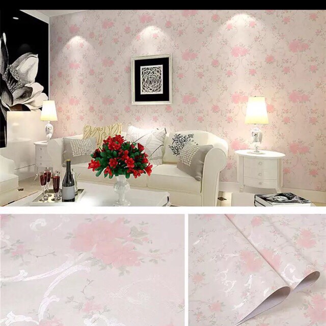 10 mét giấy dán tường hoa đơn tím kết hợp hoa văn châu âu khổ rộng 45cm và có keo dán sẵn